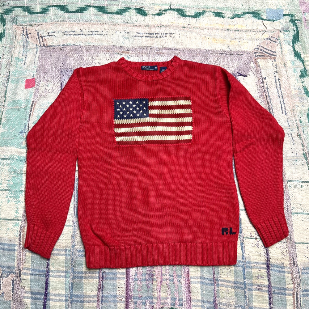 Vintage 90s Polo Ralph Lauren American Flag Knit Sweater Fits S Made in Japan